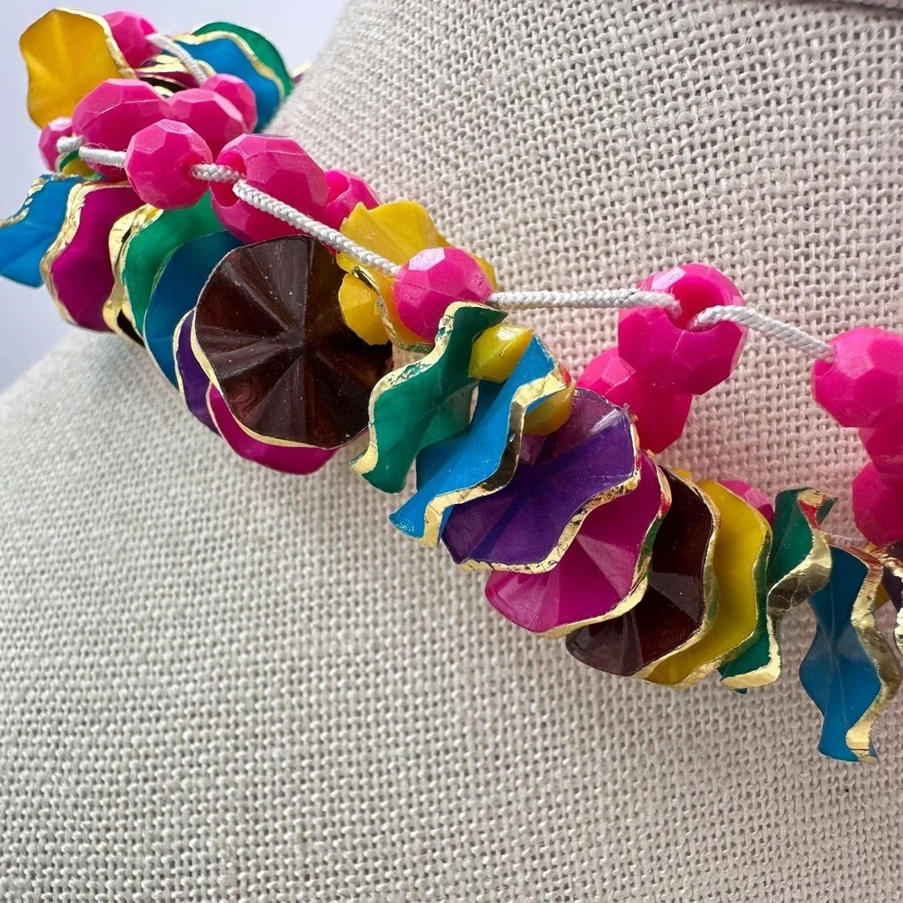 Vintage Multicolor Cluster Choker Necklace Pink Wavy Disc Beads Retro 80s Boho‎